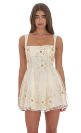 Floral Gold Sequin Fit and Flare Dress in Ivory