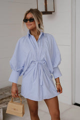 Puff Sleeve Mini Poplin Dress-White/Blue
