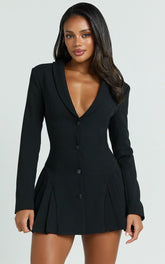 Bea Mini Dress - Collared Long Sleeve Fit And Flare Pleated Dress In Black