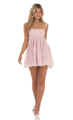 Dotted Floral Babydoll Dress In Pink