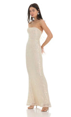 Iridescent Sequin Strapless Maxi Dress In Champagne