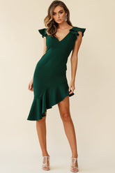 Duly Noted Frill Shoulder Asymmetrical Hem Dress Forest Green