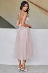 Floating By Plunging Neckline Mesh Overlay Midi Dress Apricot