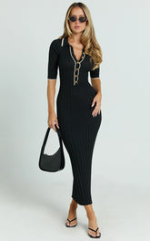 Lada Midi Dress - Short Sleeve Button Front Knit Dress in Black
