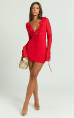 Alesya Mini Dress Ruffle Plunge Neck Long Sleeve Tie Detail Dress In Red