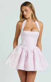 Maddy Mini Dress - Square Neck Halter Fit And Flare Dress In Pink