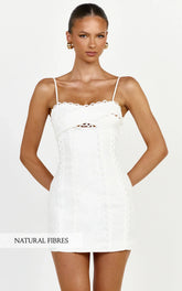Gigi Mini Linen Blend Dress Sweetheart Tie Back Scallop Detail Dress in Off White
