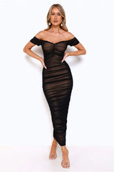 Power Moves Off Shoulder Mesh Maxi Dress Black