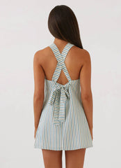 Keira Linen Micro Mini Dress - Blue Choc Stripe