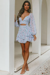 Dearly Beloved Balloon Sleeve Layered Frill Hem Dress Flower Print Blue