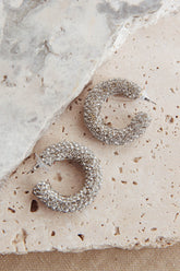Gigi Semi Hoop Earrings Silver Diamante
