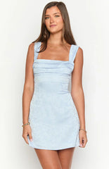 Mya Light Blue Satin Mini Dress