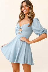 Sweet Dreams Puff Sleeve Bow Detail Dress Blue