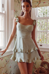 Moonlit Moment Ruffle Trim Piping Detail Lace-Up Back Dress Sage