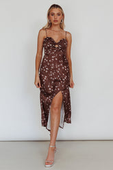Missoula Cami Strap Padded Bust Midi Dress Printed Brown