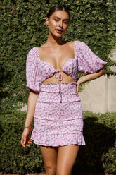 Aperol Spritz Shirred Bodice Puff Sleeve Mini Dress Floral Pink