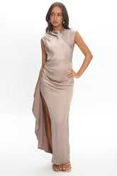 Grecian Cap Sleeve Cowl Back Dress Mocha