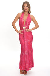 Shanna Plunging Halterneck Maxi Dress Fuchsia