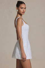 Embellished Structured A-Line Mini Dress In White