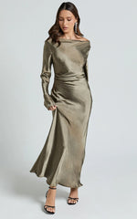 Arriana Midi Dress - Long Sleeve Cowl Back Satin Dress in Dark Olive