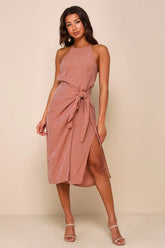 Amalfi Muse Rust Brown Striped Cutout Faux Wrap Midi Dress
