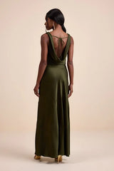 Aernah Olive Satin Cowl Tie-Back Slip Maxi Dress