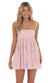 Dotted Floral Babydoll Dress In Pink