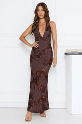 Lime Light Mesh Halter Maxi Dress Brown