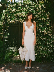 Ivory Front Strap Midi Dress With Lace Detailing