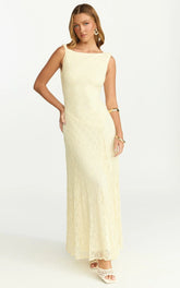 Madeleine Maxi Dress - Hight Neck A Line Dress In Lemon