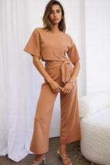 Larissa Crew Neck Ribbed Tee Crop Top Tan