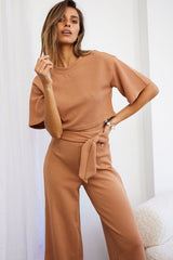 Larissa Crew Neck Ribbed Tee Crop Top Tan