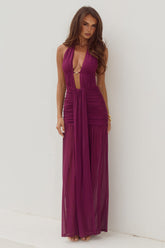Adrianna Plunge Ruched Maxi Dress Plum