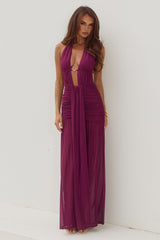 Adrianna Plunge Ruched Maxi Dress Plum