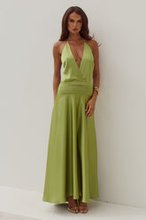 Amadine Deep V Plunge Maxi Dress Olive