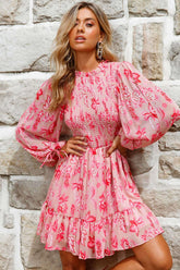 Marja Long Balloon Sleeve Shirred Dress Floral Print Pink