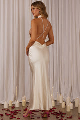 Italia Azure Halterneck Pearl Back Maxi Dress Oyster