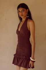 Fleur Shirred Halter Mini Dresss Chocolate