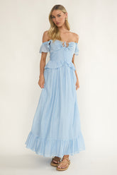 Hanalei Off-Shoulder Tied Bust Maxi Dress Light Blue