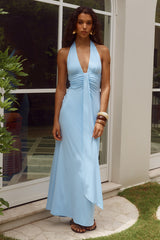 Kaeli Tie Front Halter Maxi Dress Sky Blue