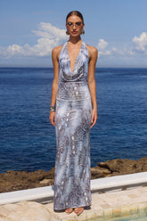 Lotus Halter Cowl Maxi Dress Steel Viper