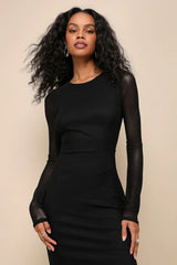 Pristine Poise Black Mesh Cutout Long Sleeve Maxi Dress