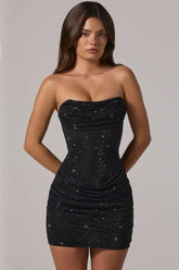 Embellished Bandeau Cowl-Waist Mini Dress In Black