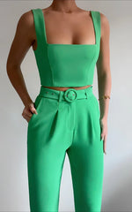 Reyna Two Piece Set - Crop Top and Tailored Pants Set in Green