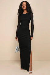 Pristine Poise Black Mesh Cutout Long Sleeve Maxi Dress