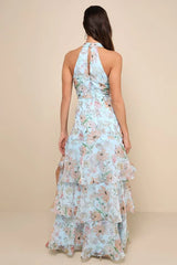 Forever Exceptional Light Blue Floral Halter Organza Maxi Dress