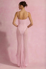 Semi-Sheer Embellished Corset Gown in Pink
