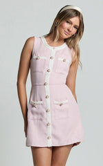River Mini Dress - Boucle Button Through A Line Dress In Light Pink