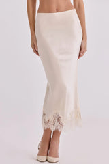 Ciara Vintage Ivory Satin + Lace Midi Skirt