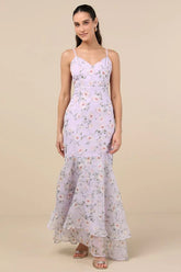 Pure Splendor Lavender Floral Organza Trumpet Maxi Dress